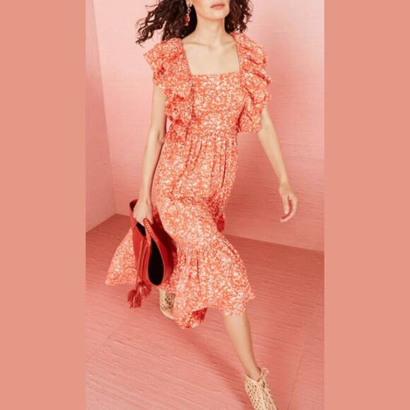 Ulla Johnson Dresses & Skirts - ULLA JOHNSON‎ Freida Printed Cotton Midi Dress Coral Batik Red Orange White US 4